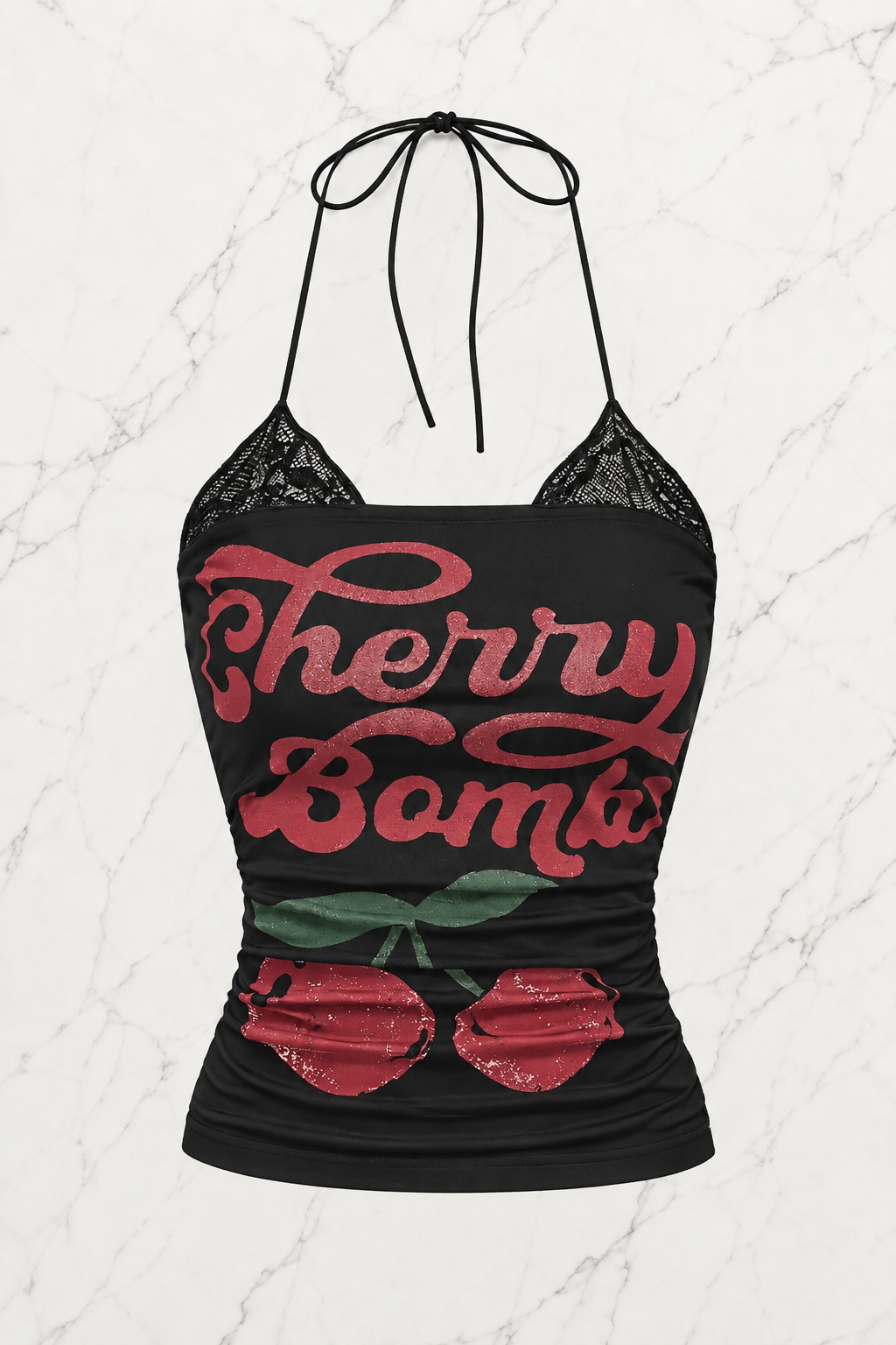 Siyah Cherry Bomb Dantelli Ek Askılı Crop