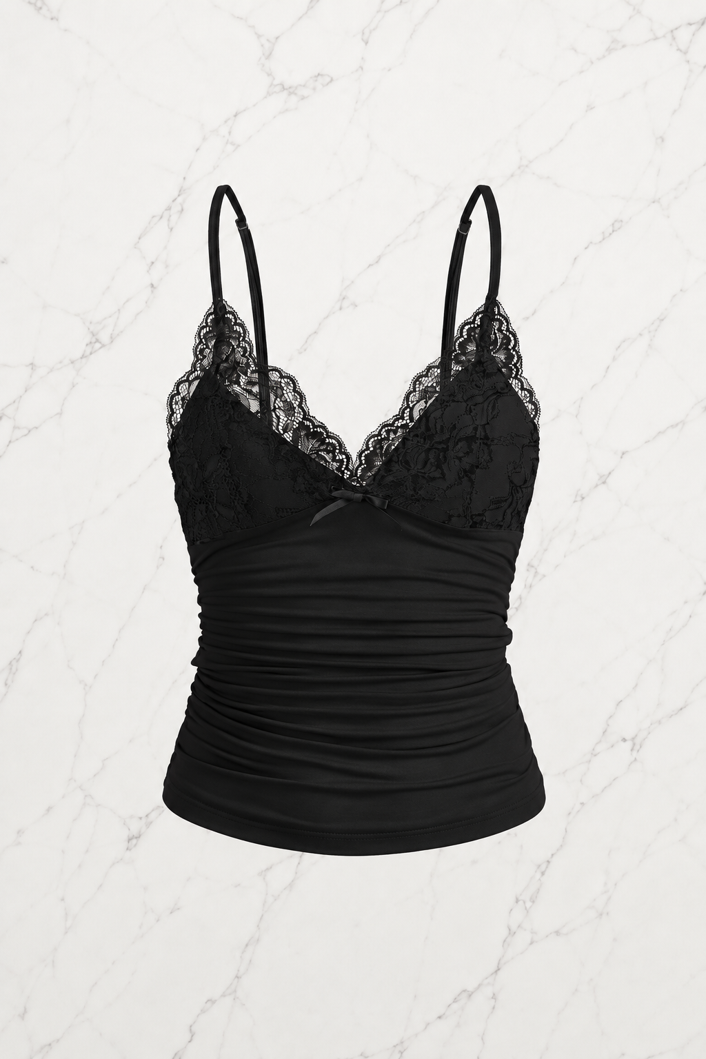 Siyah Dantel Detaylı Fiyonklu Y2K Askılı Crop