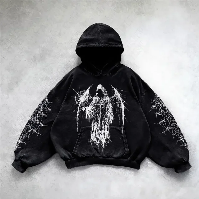 Siyah Devil Winged Gothic Kapüşonlu Sweatshirt