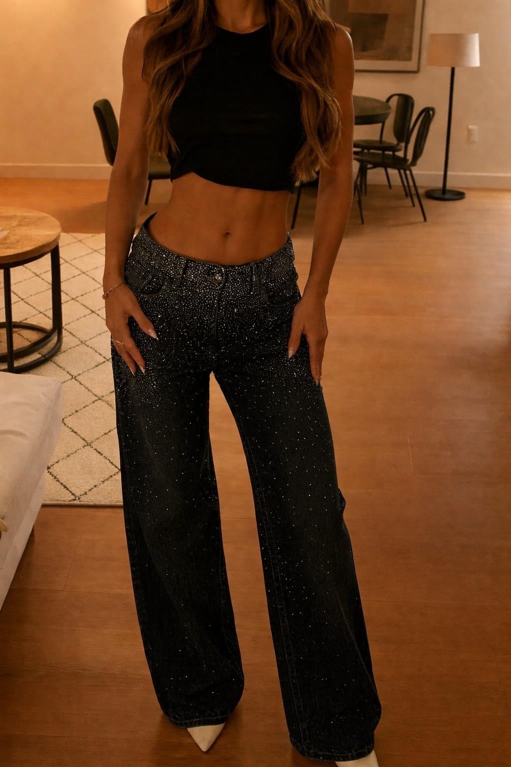 Siyah Diamond Taşlı Wide Leg Jean Pantolon