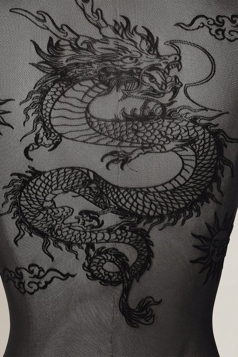 Siyah Dragon Baskılı Sırtı Tansparan Kısa Kollu Çıtçıtlı Body