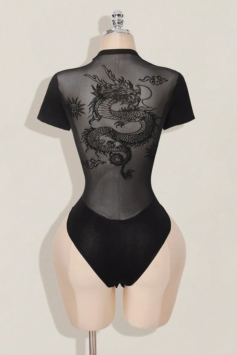 Siyah Dragon Baskılı Sırtı Tansparan Kısa Kollu Çıtçıtlı Body