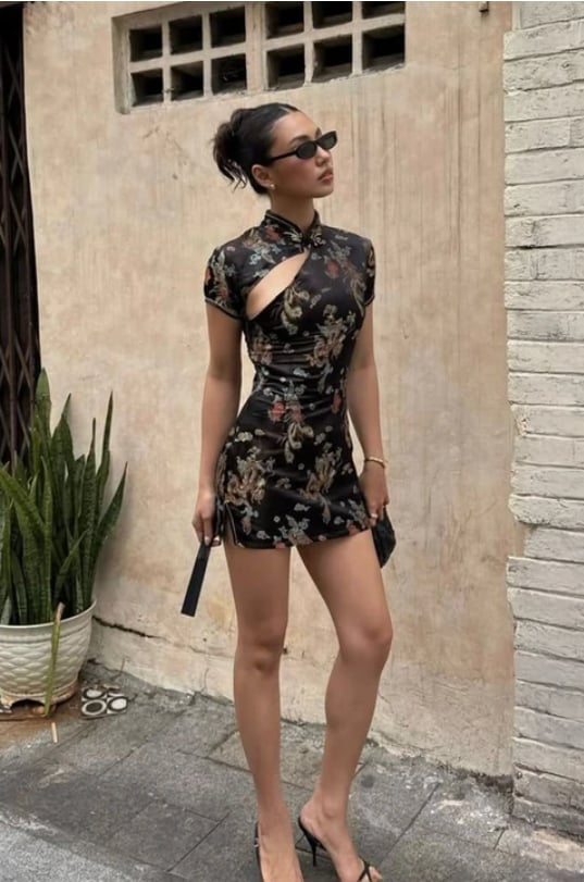 Siyah Dragon Desenli Qipao Y2K Elbise
