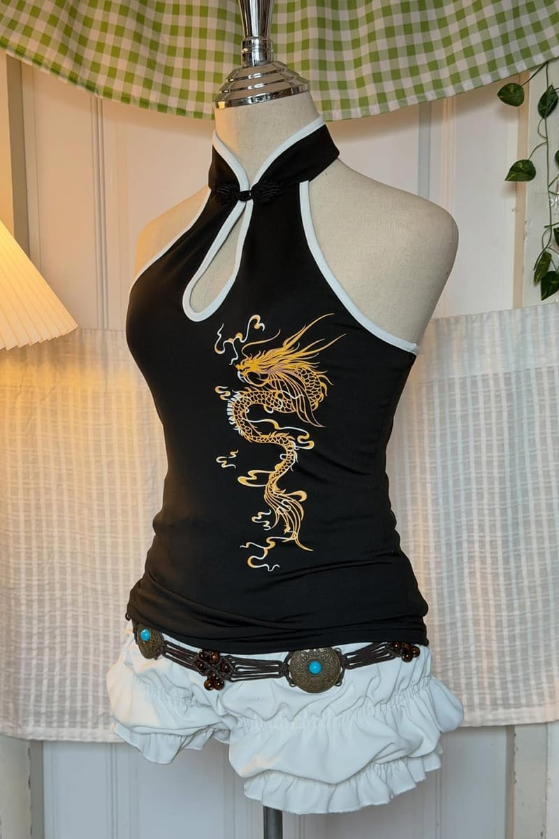 Siyah Dragon Embroidered Keyhole Harajuku Asian Y2K Askılı Crop