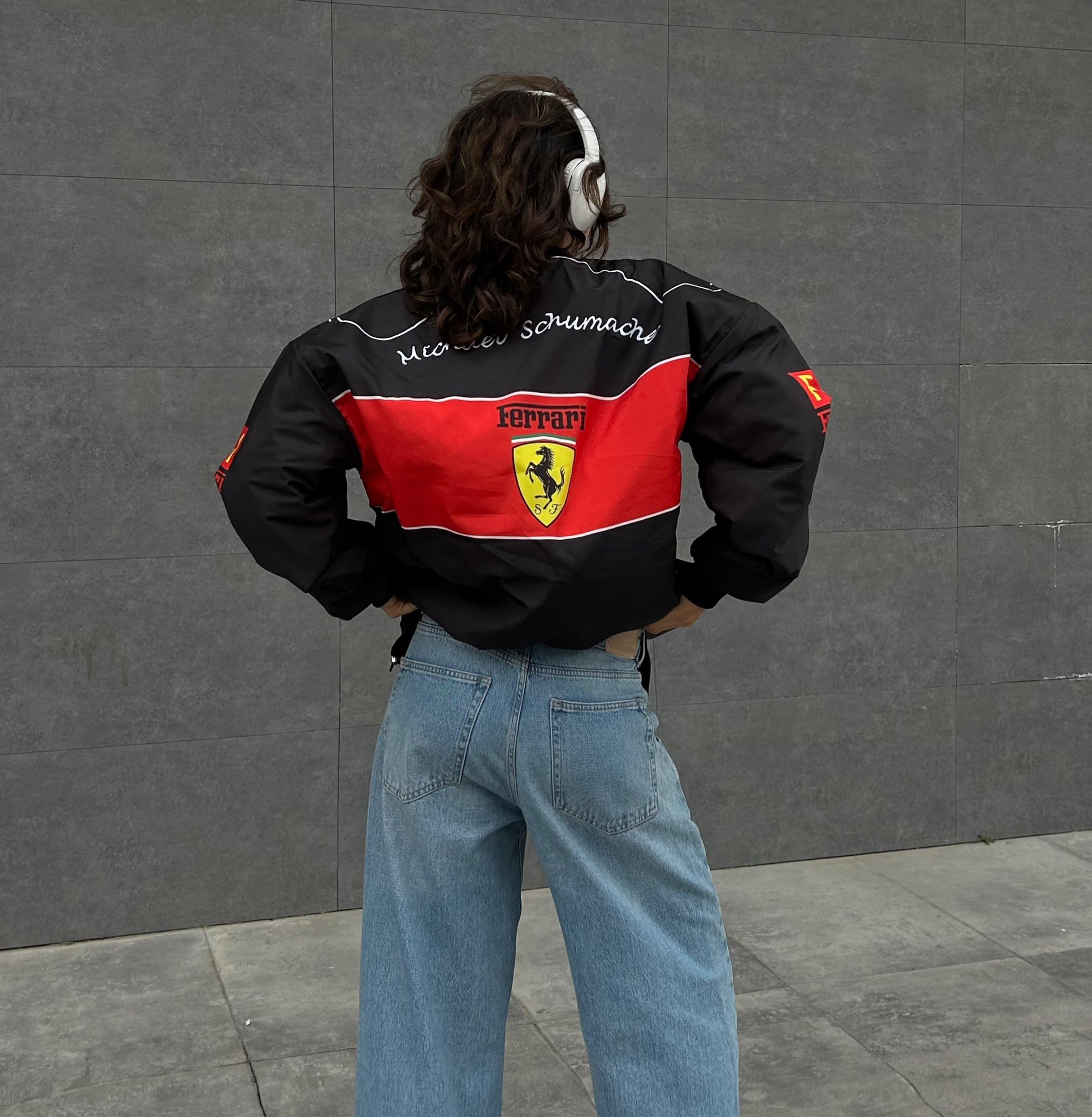 Siyah F1 Ferrari Racing Retro Unisex Bomber Ceket