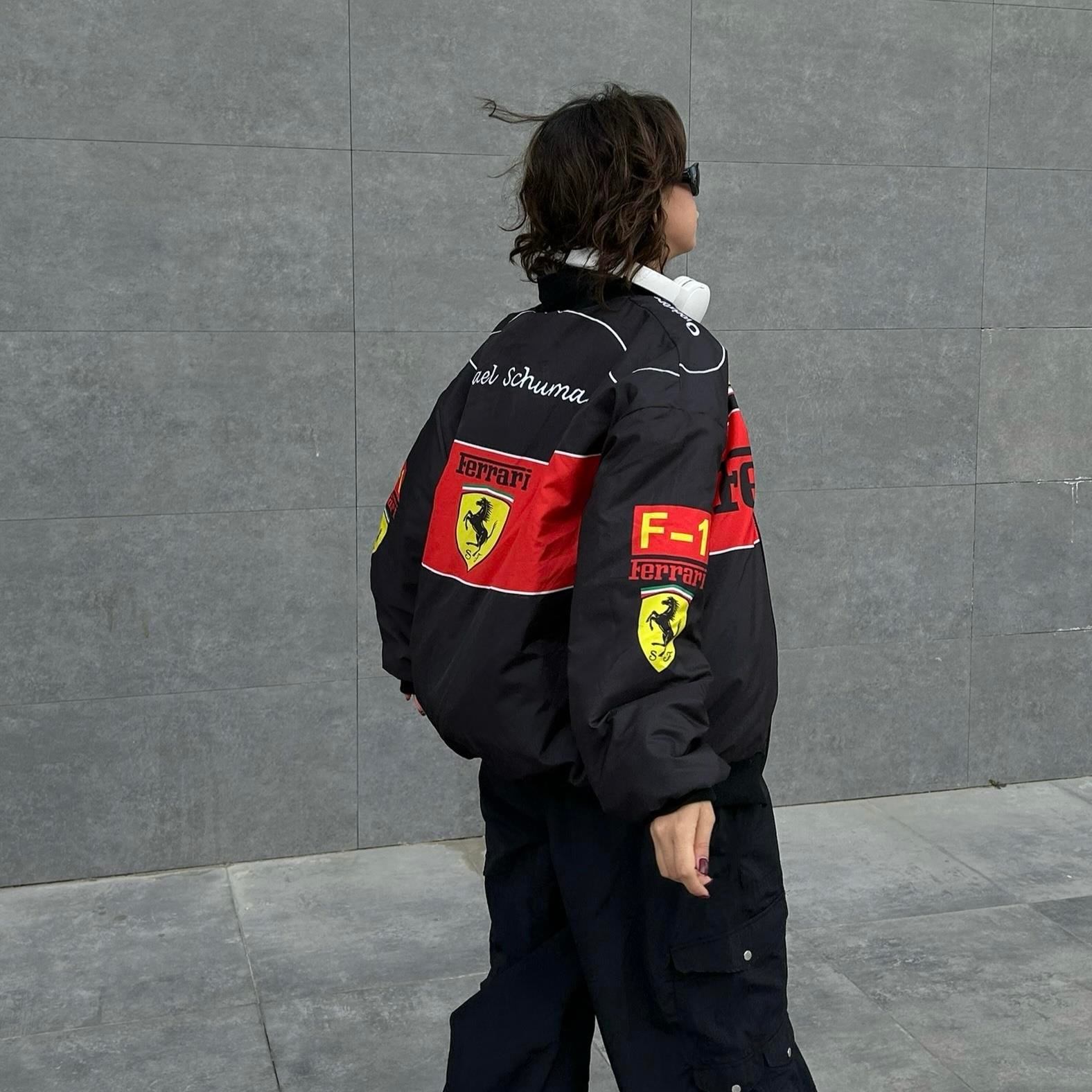 Siyah F1 Ferrari Racing Retro Unisex Bomber Ceket