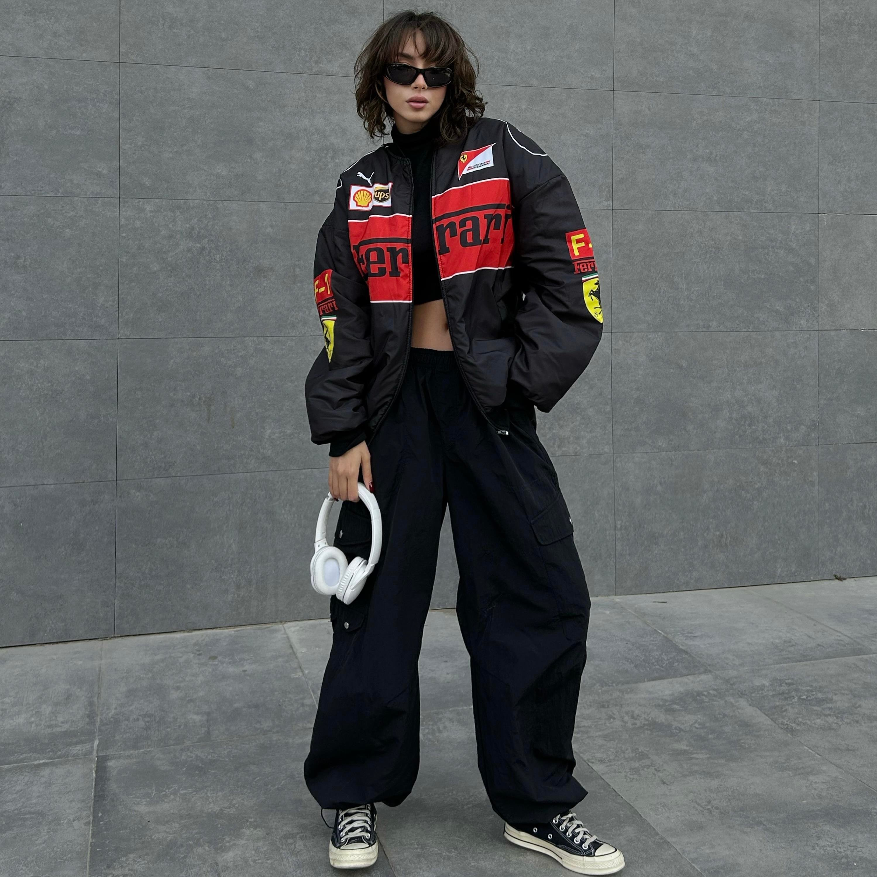 Siyah F1 Ferrari Racing Retro Unisex Bomber Ceket