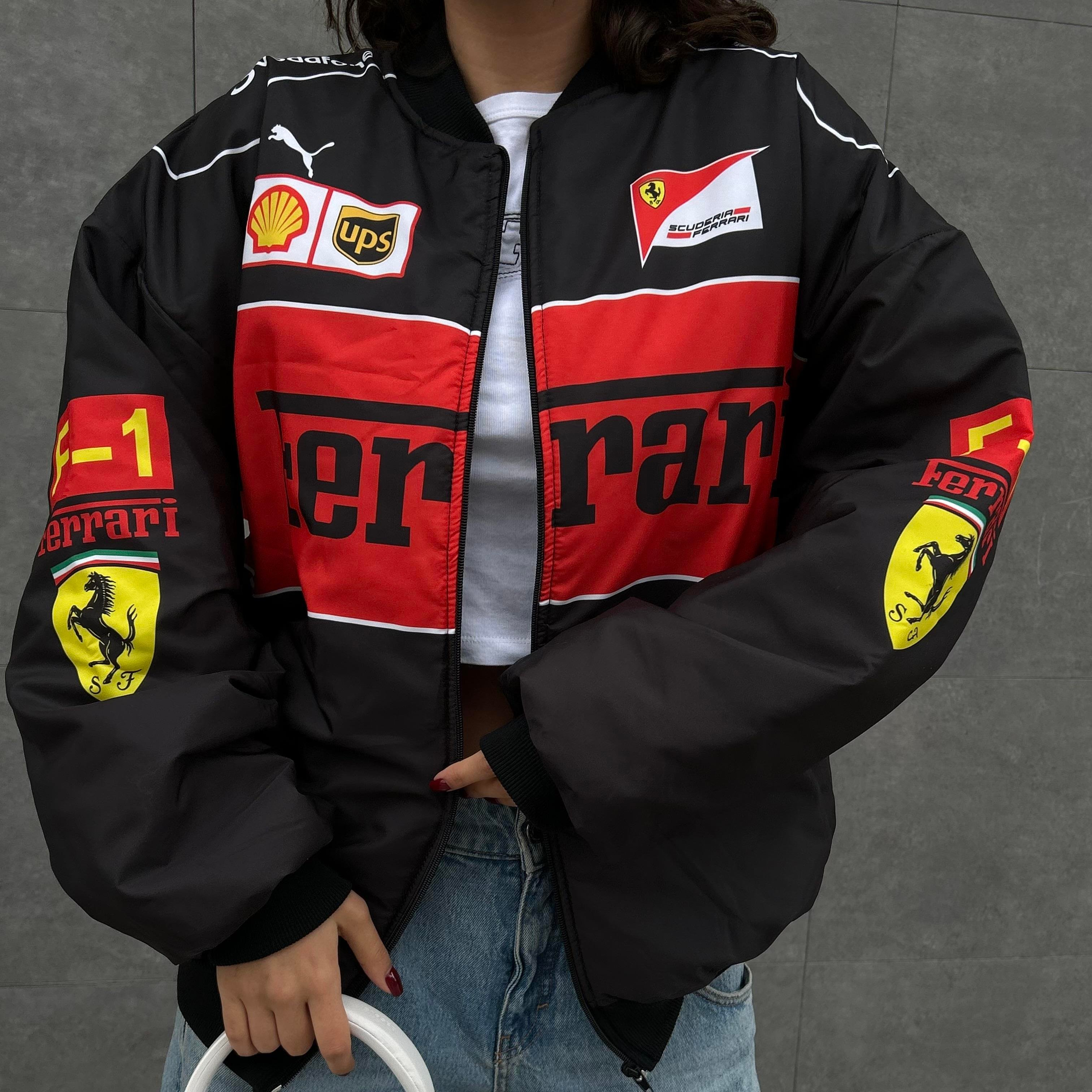 Siyah F1 Ferrari Racing Retro Unisex Bomber Ceket