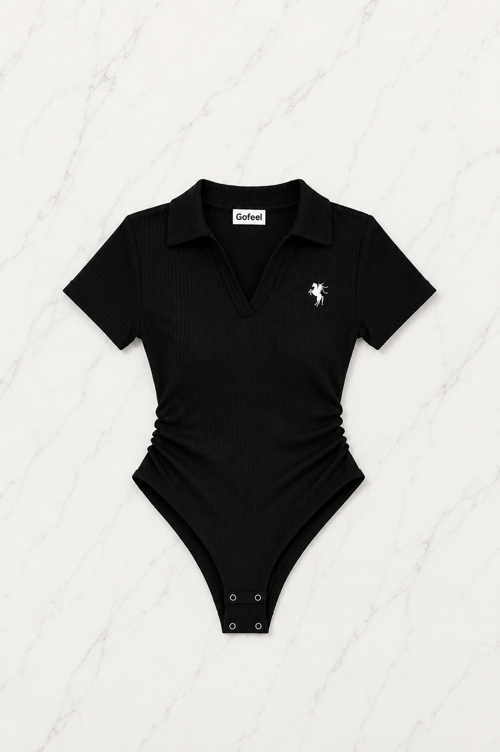 Siyah Fit Polo Yaka Bodysuit Şort Takım
