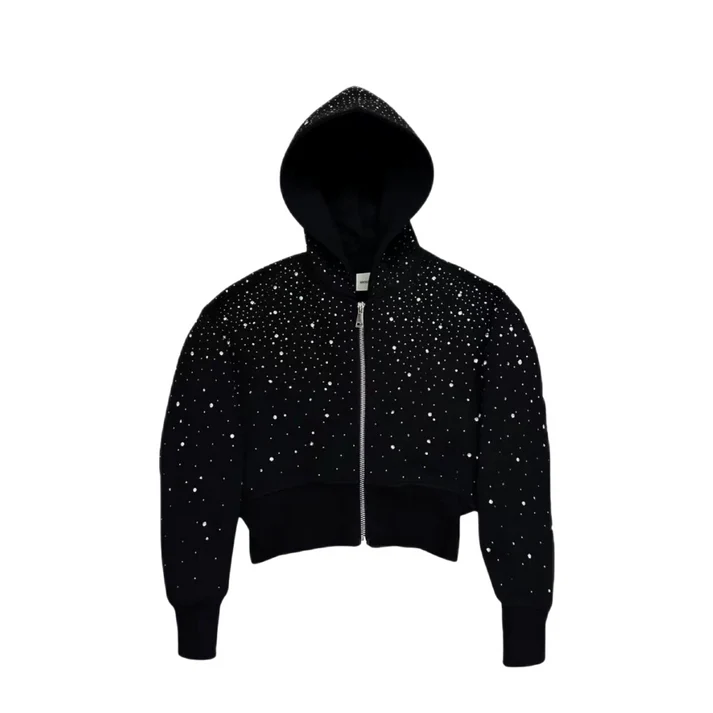 Siyah Galaxy Taşlı Kapüşonlu Crop Hırka