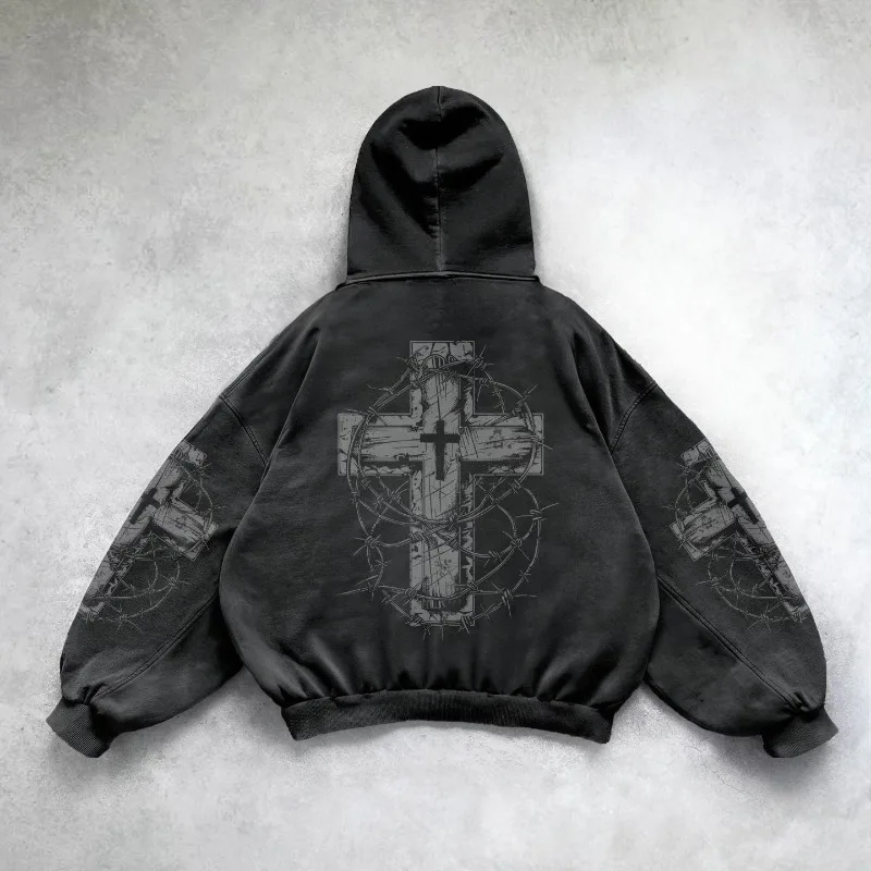 Black Gothic Barbed Wire Heart Cross Kapüşonlu Sweatshirt