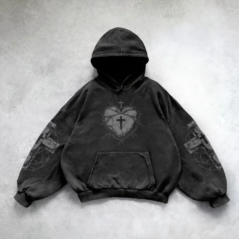 Black Gothic Barbed Wire Heart Cross Kapüşonlu Sweatshirt