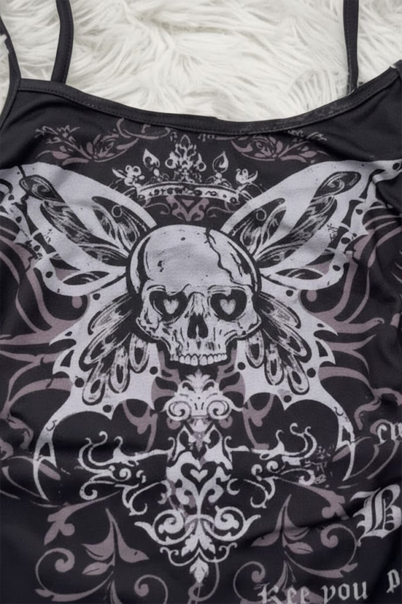 Siyah Gotik Skull Butterfly Wings Y2K Askılı Crop