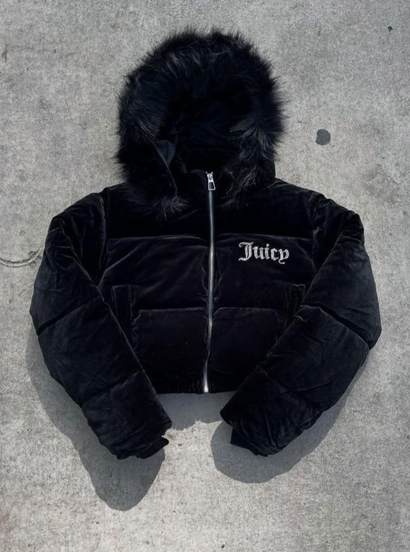 Siyah Juicy Peluş Kapüşonlu Şişme Crop Mont