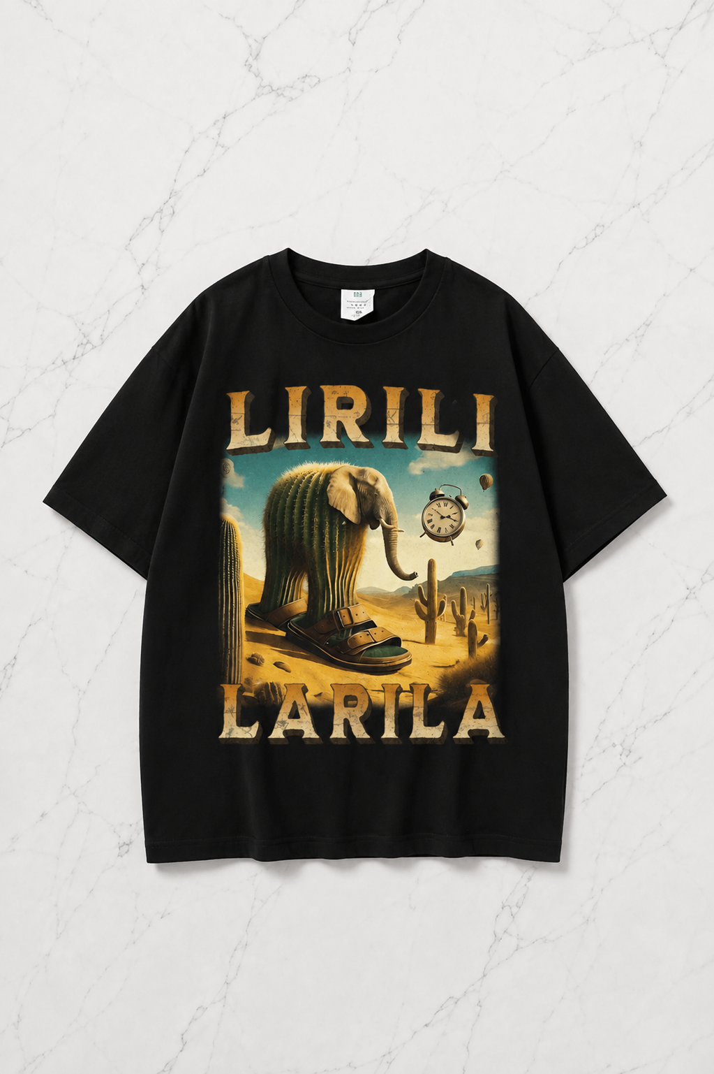 Siyah Lirili Larila Baskılı Yıkamalı Vintage Unisex Oversize T-Shirt