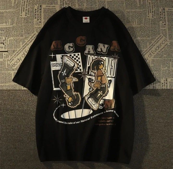 Siyah Mcana Baskılı Kısa Kol Oversize T-Shirt