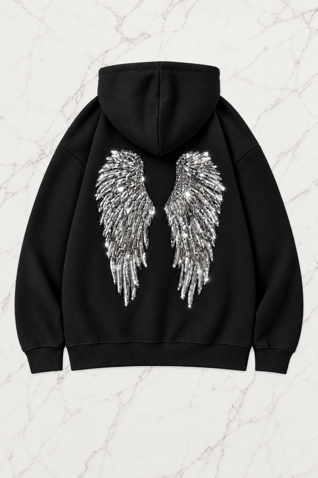 Siyah Melek Parıltılı Taş Detaylı Oversize Sweatshirt