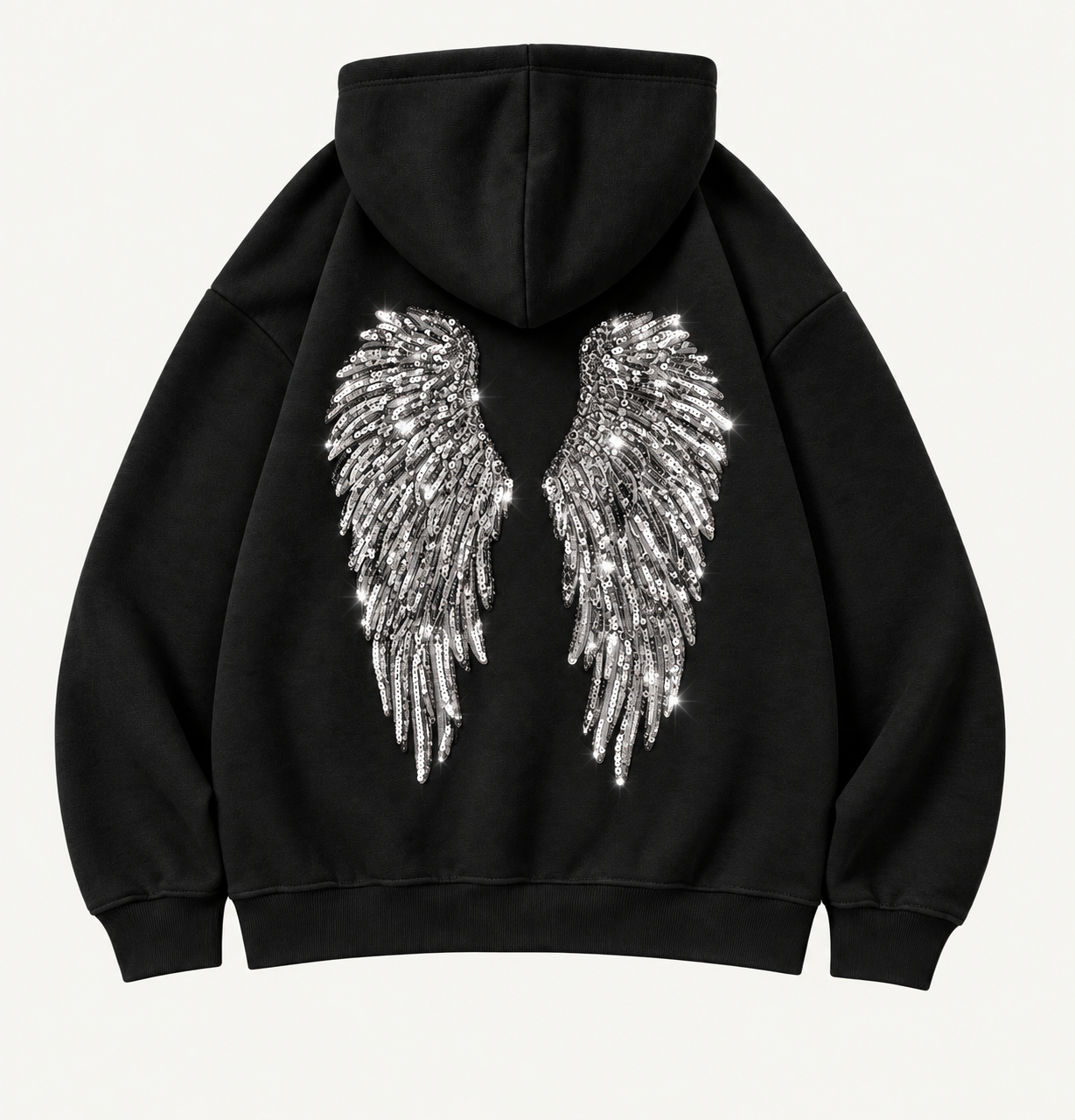 Siyah Melek Parıltılı Taş Detaylı Oversize Sweatshirt