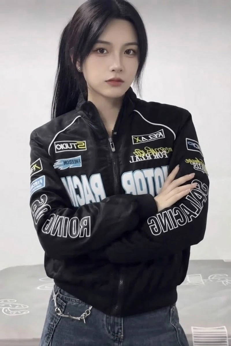 Siyah Motor Racer Retro Y2K Unisex Ceket