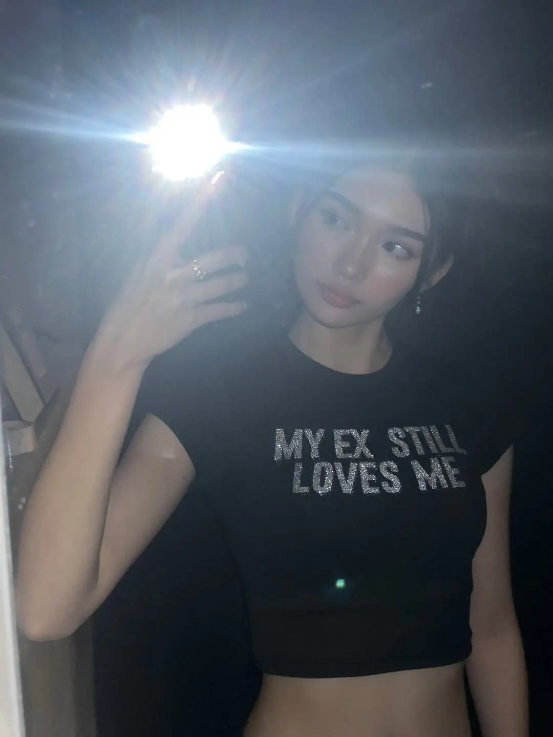 Siyah My Ex Stıll Loves Me Taş Baskılı Crop