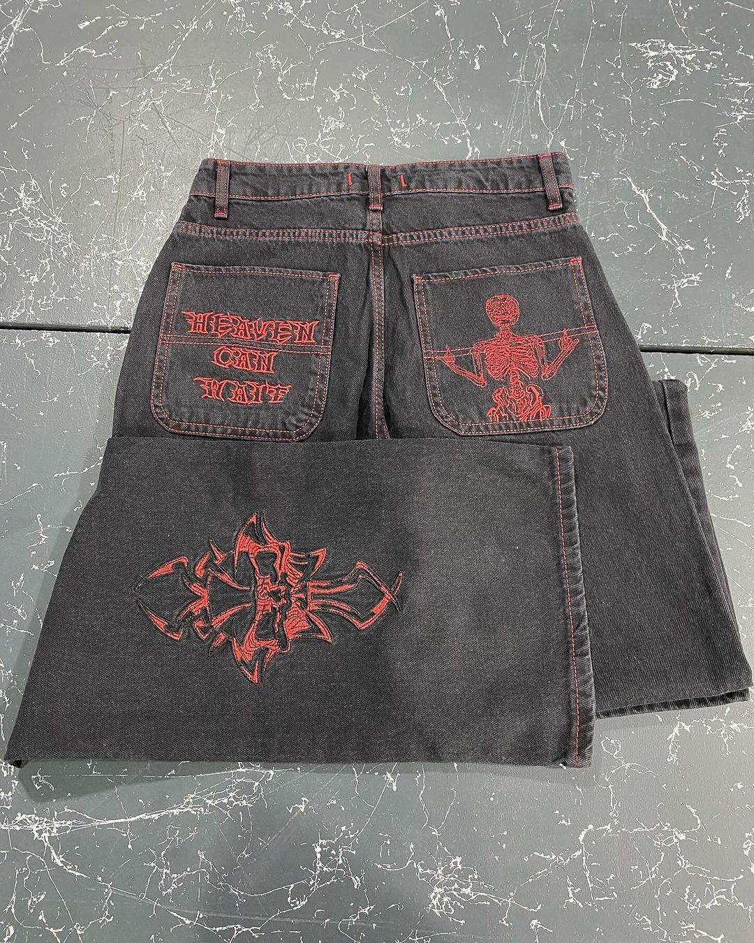 Siyah Nakışlı Skeleton Heaven Can Wait Streetwear Jean Pantolon