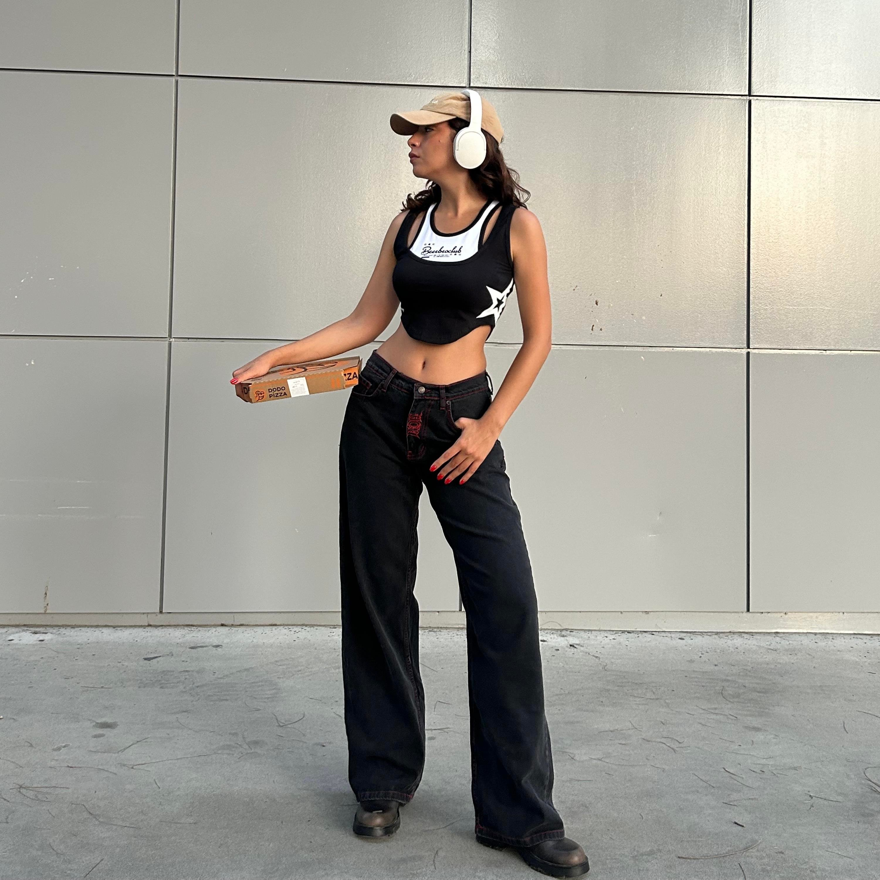 Siyah Nakışlı Skeleton Heaven Can Wait Streetwear Jean Pantolon