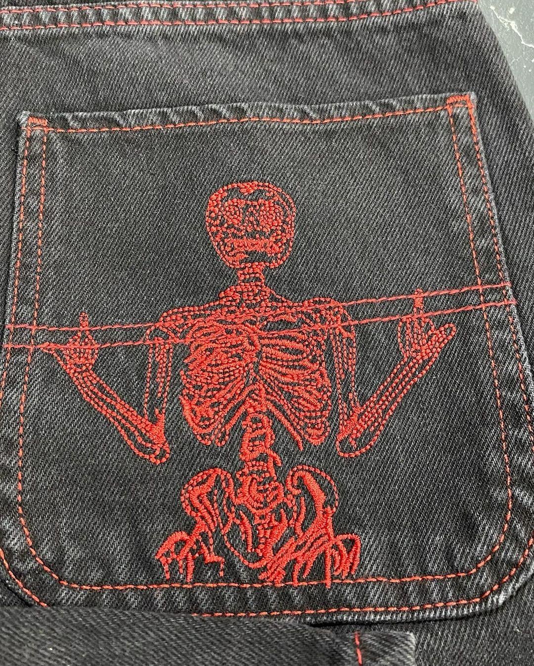 Siyah Nakışlı Skeleton Heaven Can Wait Streetwear Jean Pantolon