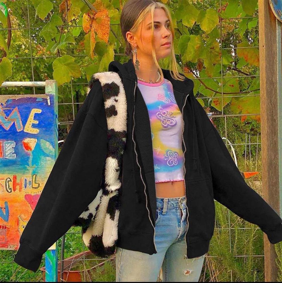 Siyah Oversize Unisex Mevsimlik  Fermuarlı Kapşonlu Hırka