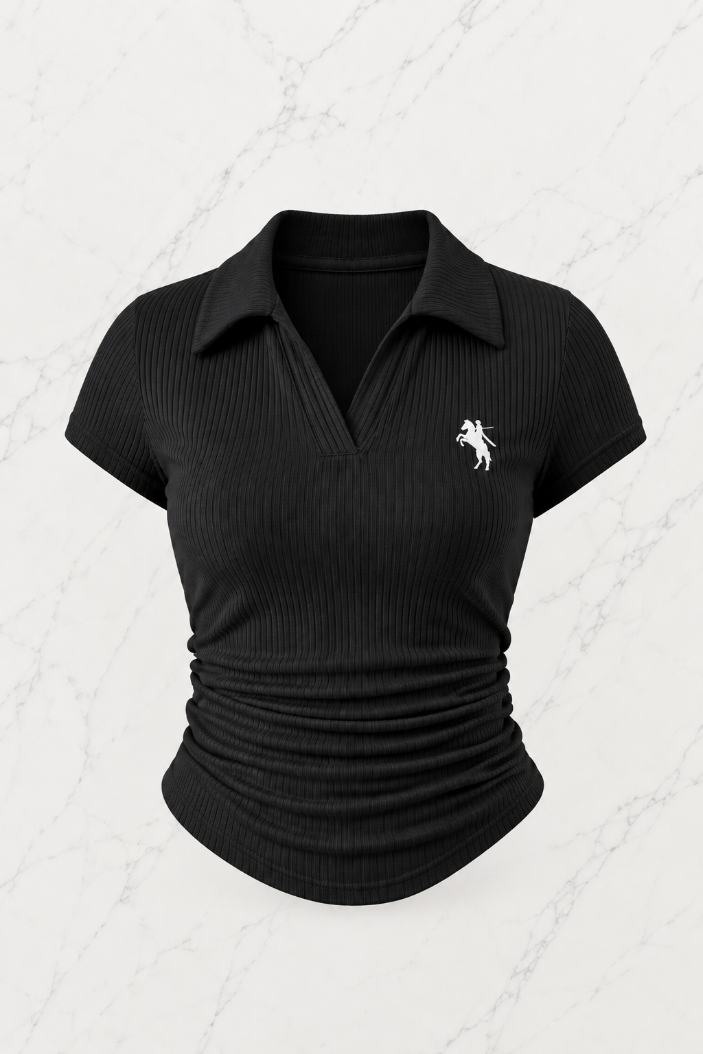 Siyah Polo Yaka Fitilli Likralı Bluz