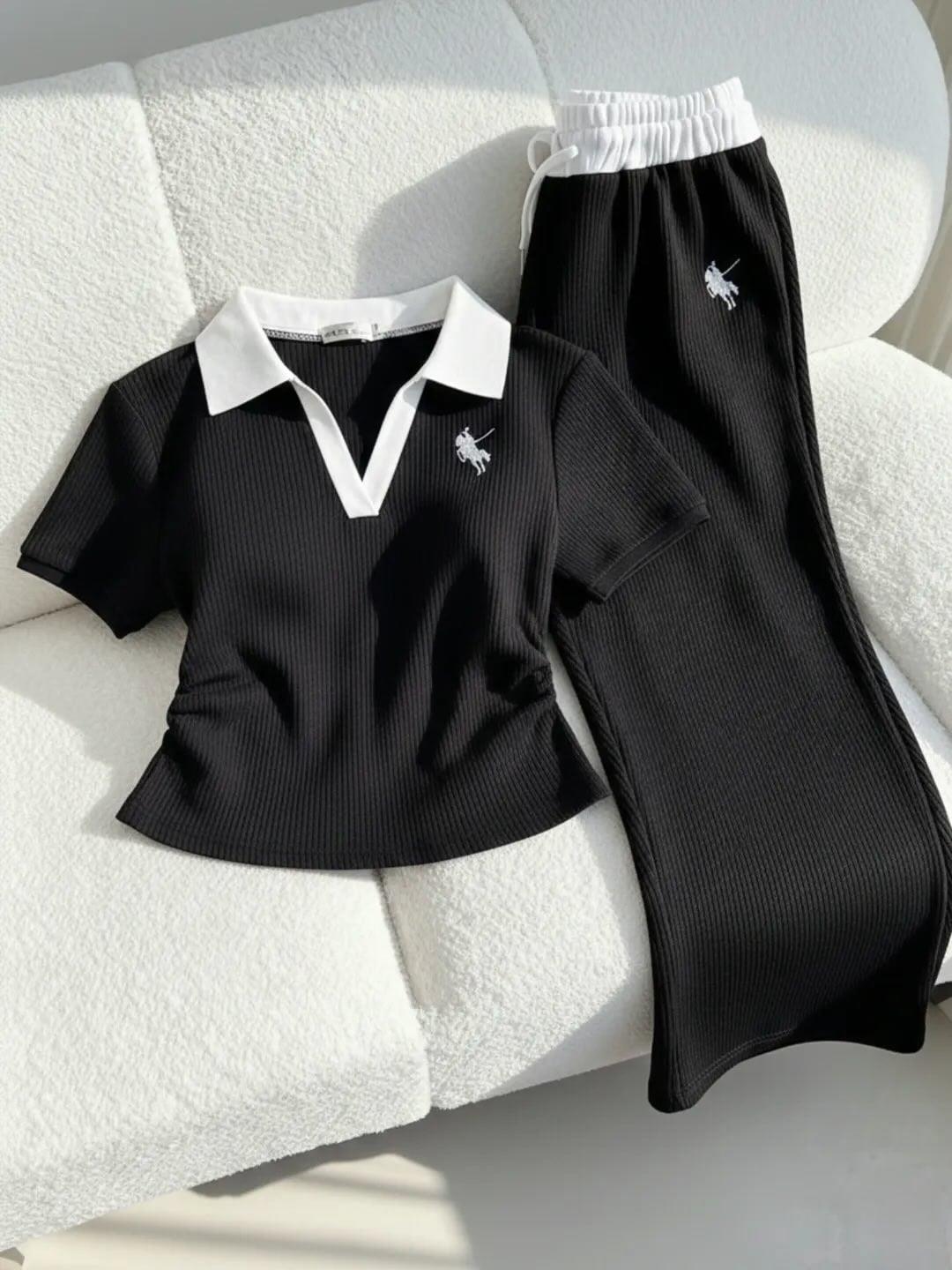 Siyah Polo Yaka Fitilli Likralı Premium Eşofman Takımı