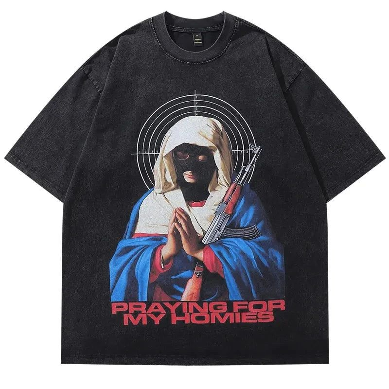Siyah Pray For Homies Vintage Baskılı Kısa Kol Oversize T-Shirt