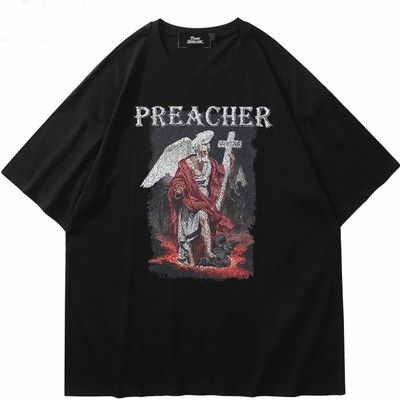 Siyah Preacher Baskılı Kısa Kol Oversize T-Shirt
