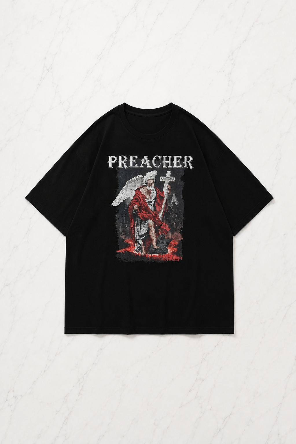 Siyah Preacher Baskılı Kısa Kol Oversize T-Shirt