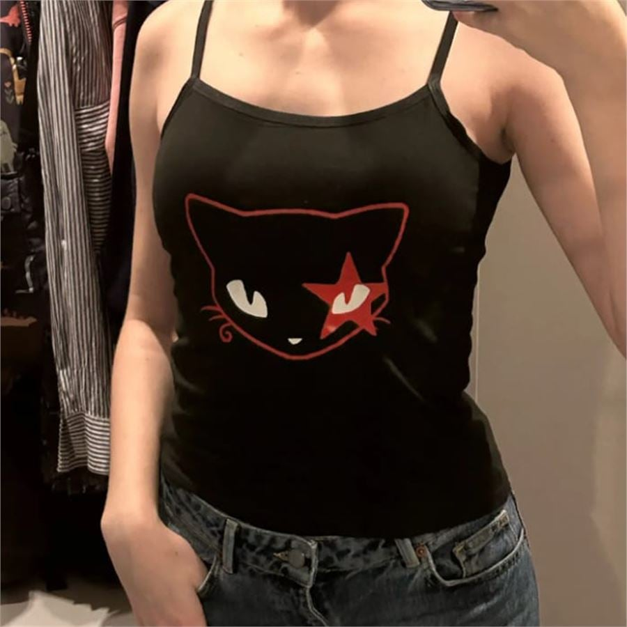 Siyah Red Eye Cat Face Askılı Crop