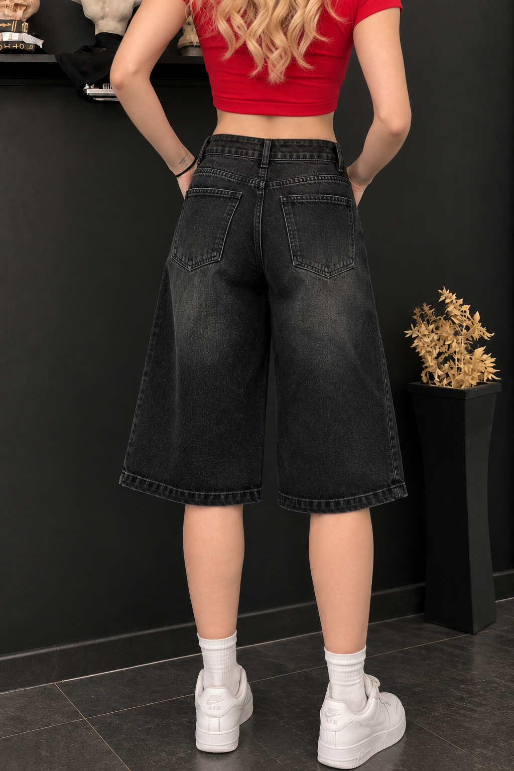 Siyah Retro Eskitme Premium Kot Şort