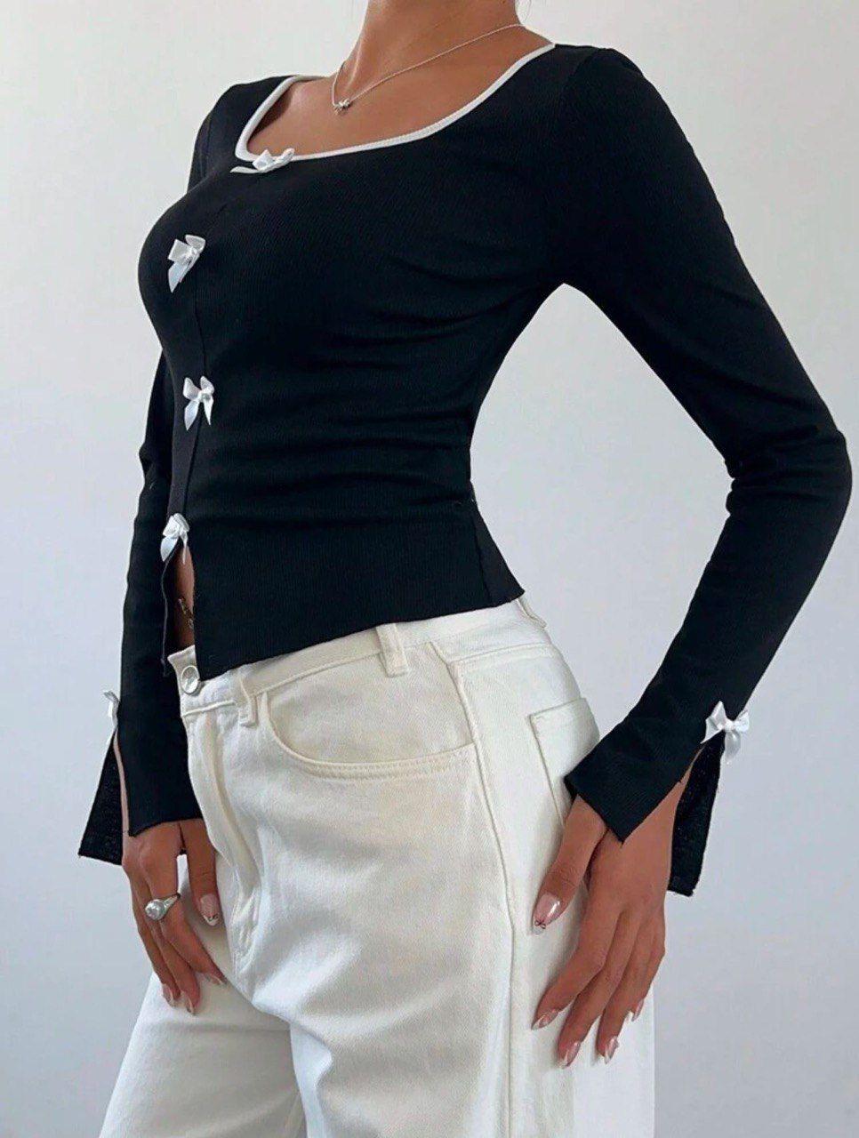 Siyah Ribbon Dekolteli Uzun Kollu Crop
