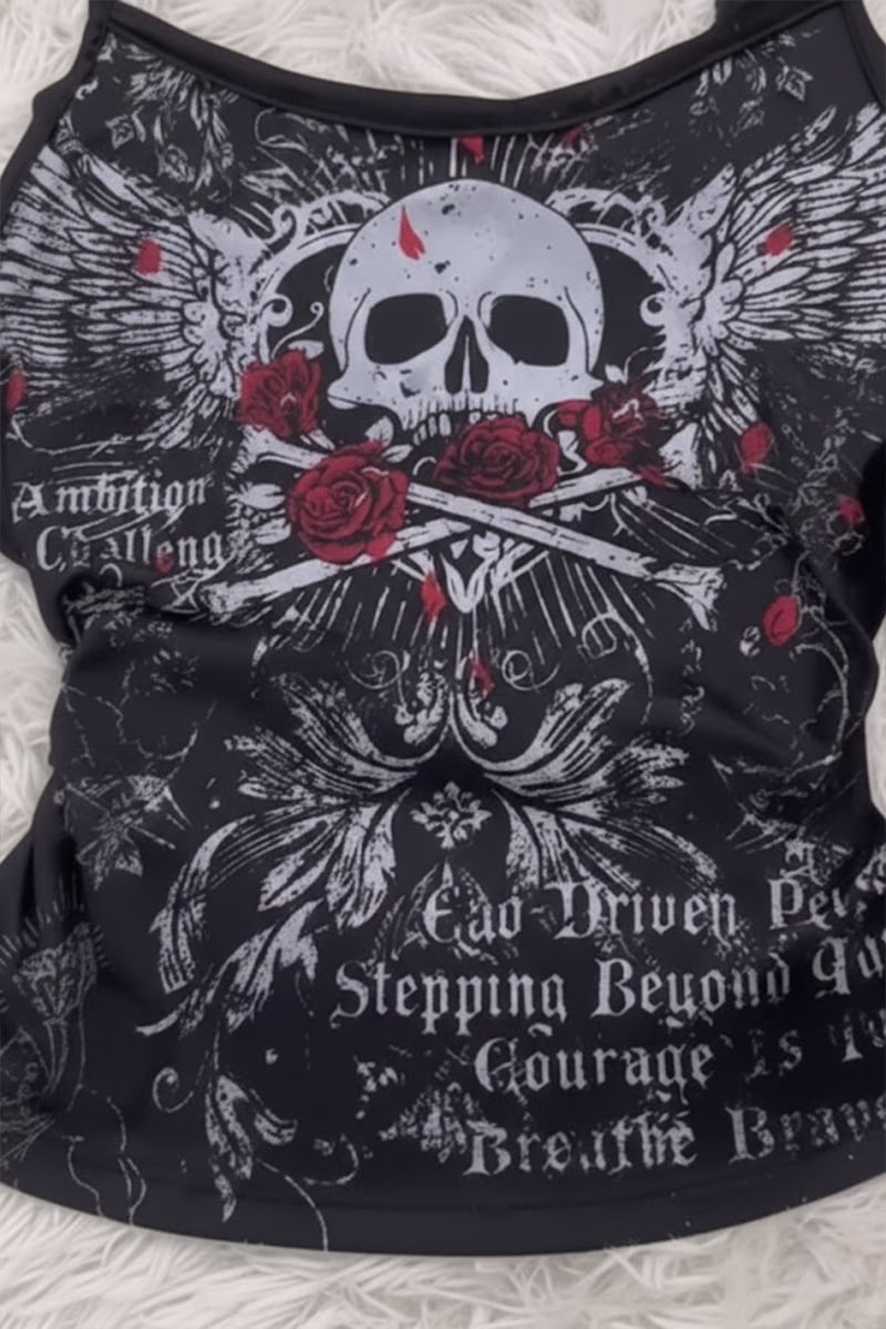 Siyah Skull Ambition Gotik Rose Y2K Askılı Crop