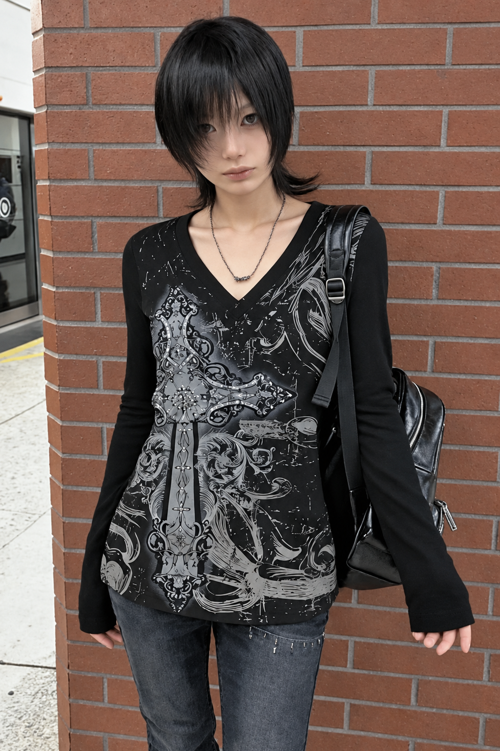 Siyah Skull Motifli Gotik Grunge Y2K Uzun Kollu Crop