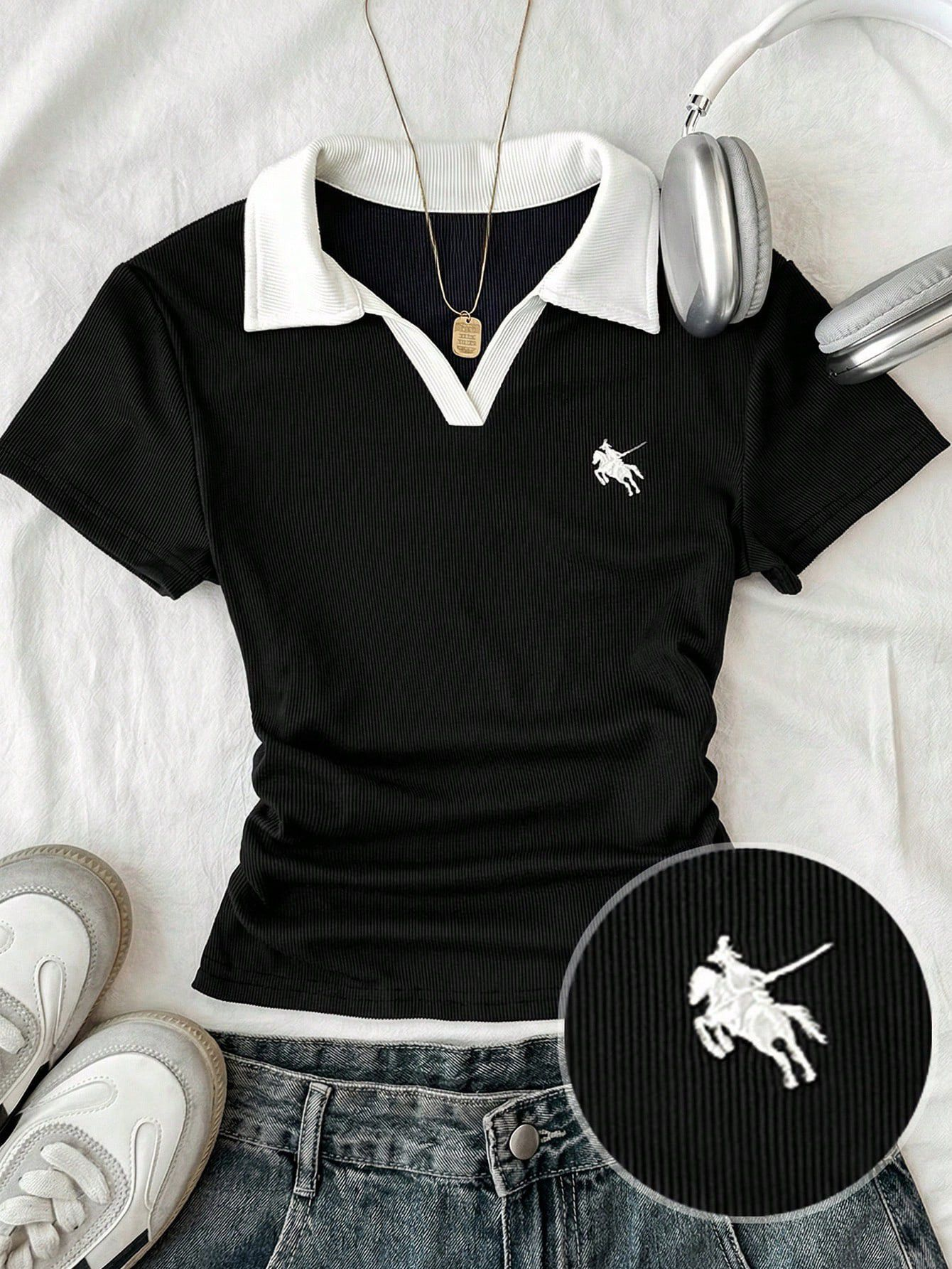 Siyah Solo Polo Yaka Beyaz Yakalı Bluz