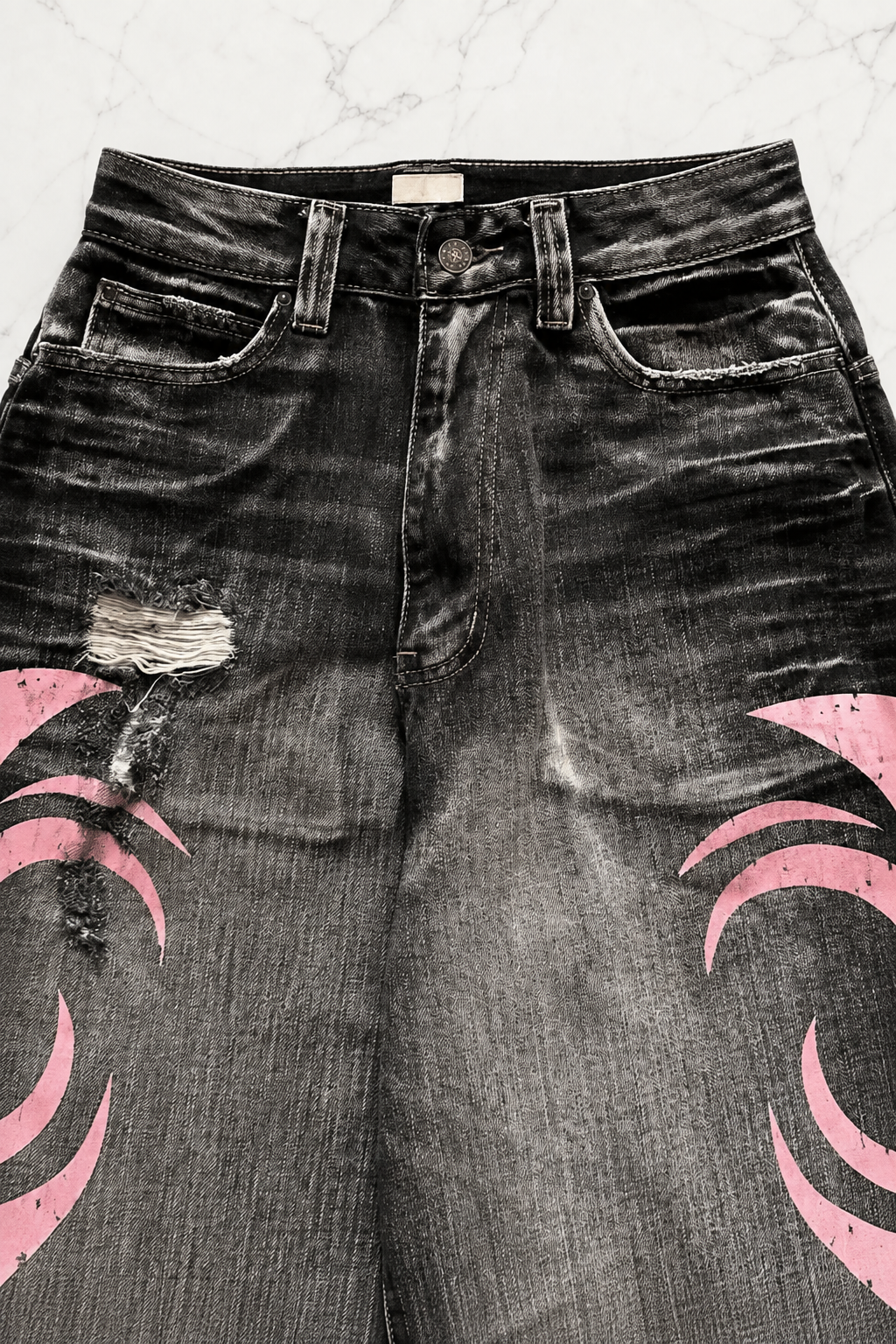 Siyah Taşlamalı Grunge Pembe Tribal Baskılı Harajuku Y2K Unisex Baggy Pantolon