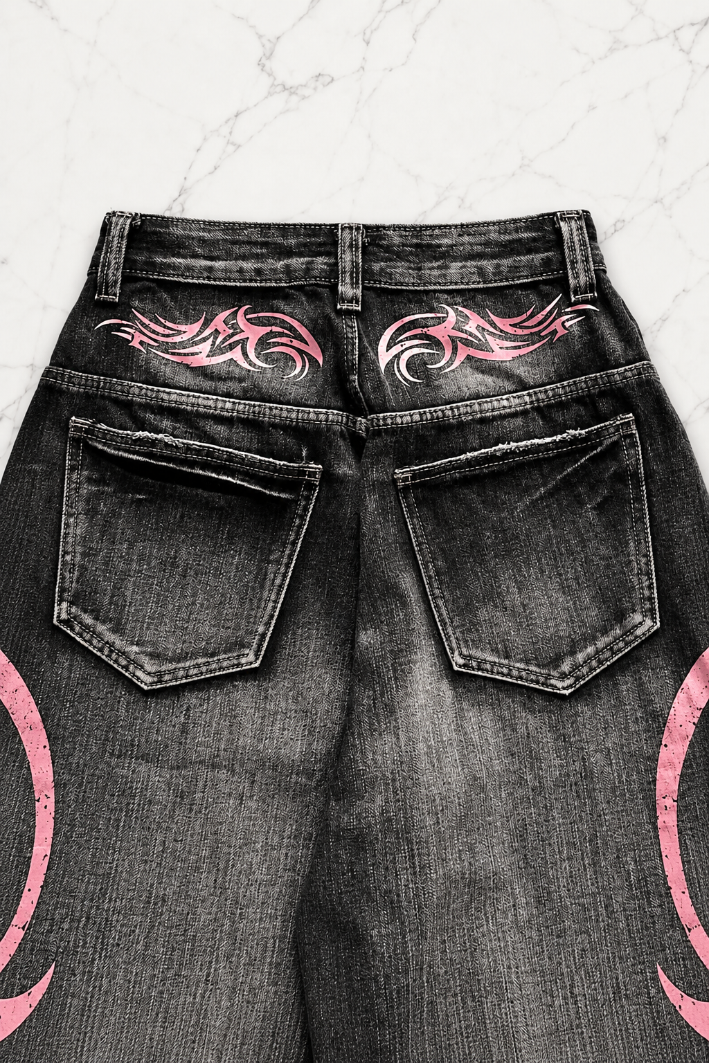 Siyah Taşlamalı Grunge Pembe Tribal Baskılı Harajuku Y2K Unisex Baggy Pantolon