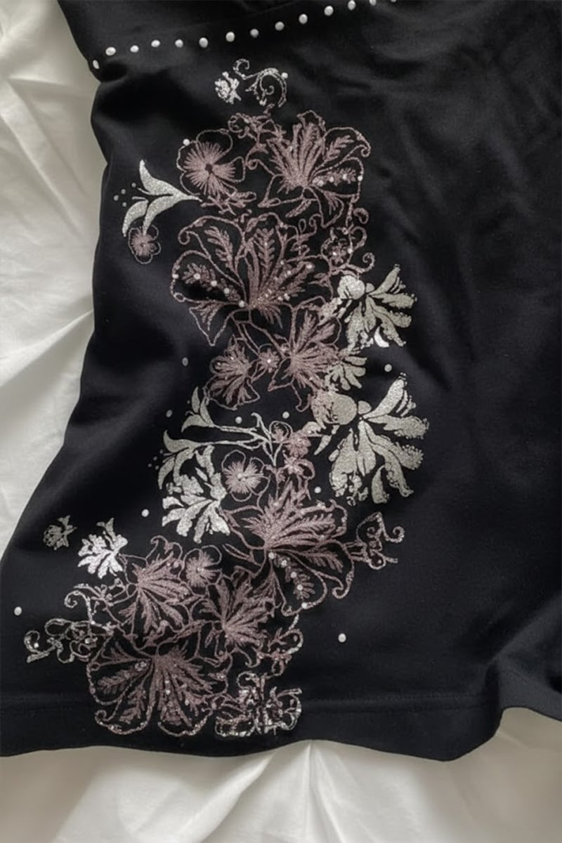 Siyah Taşlı Floral Desenli Vintage Y2K Askılı Crop
