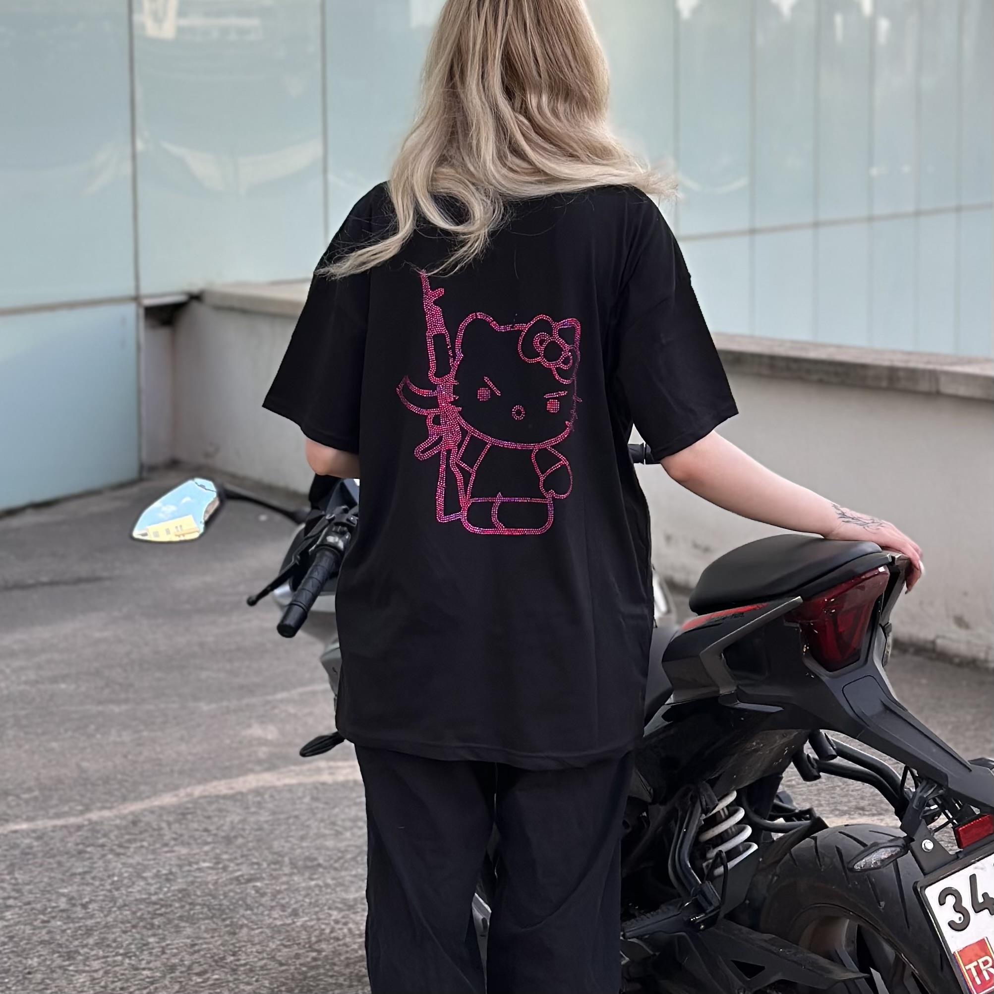 Siyah Taşlı Hello Kitty Premium Oversize T-shirt