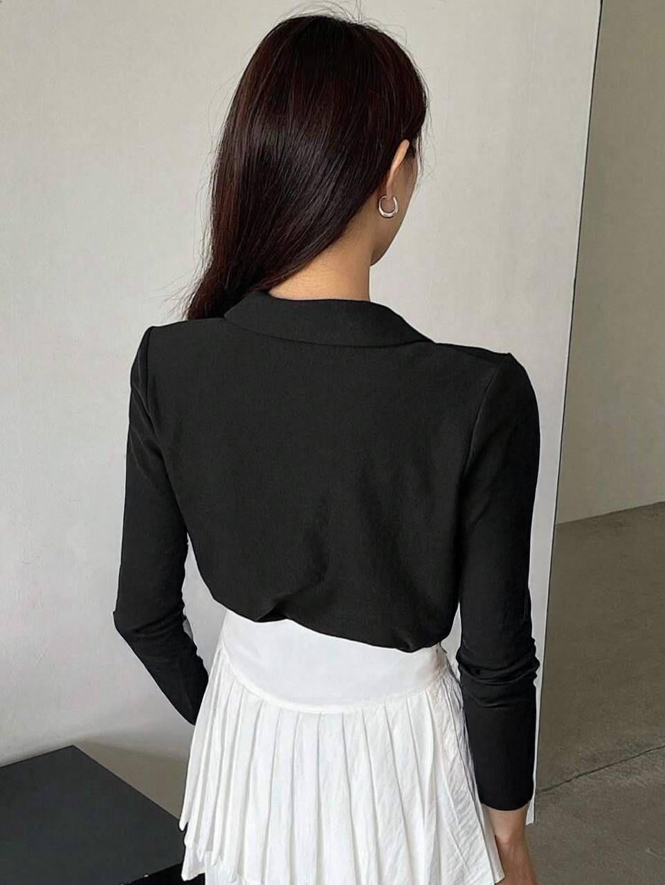 Siyah Tek Boynuzlu At Baskılı Polo Yaka Düğmeli Uzun Kol Tshirt
