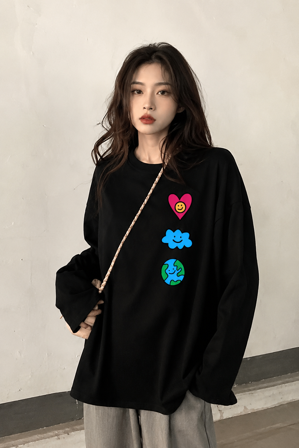 Siyah Unisex Heart Cloud World uzun Kol T-Shirt