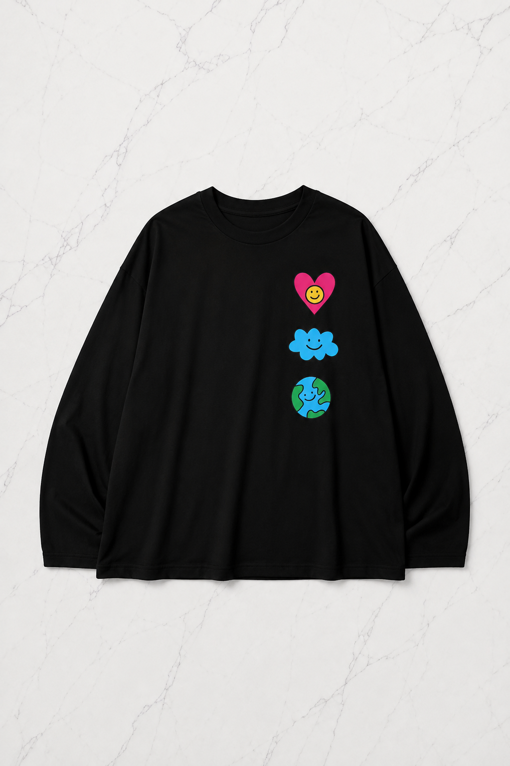 Siyah Unisex Heart Cloud World uzun Kol T-Shirt