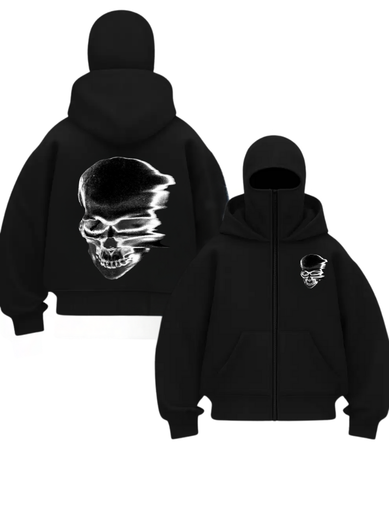 Siyah Unisex Kar Maskeli Head Skull Baskılı Oversize Hırka