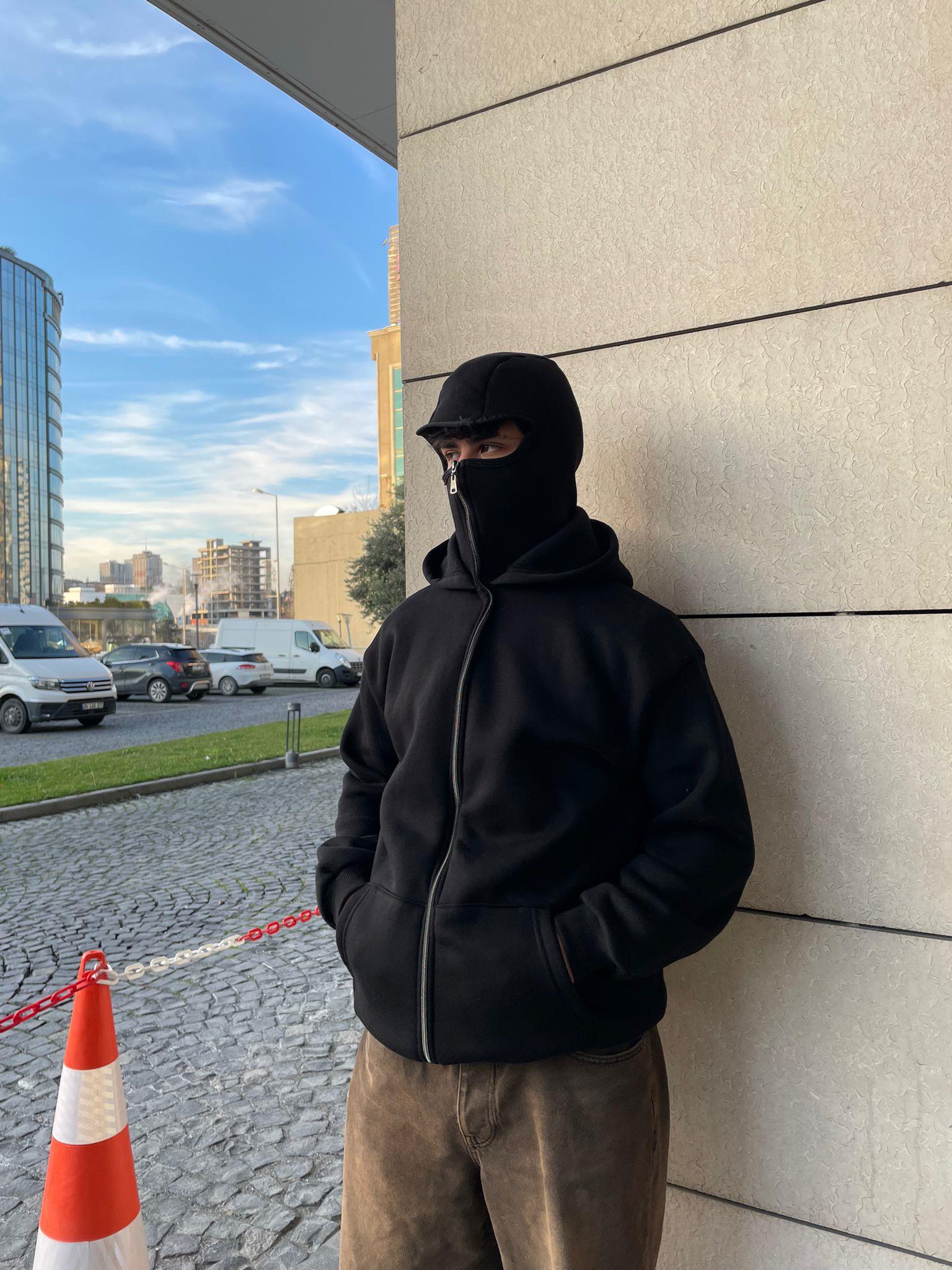 Siyah Unisex Kar Maskeli Düz Kapüşonlu Oversize Hırka 