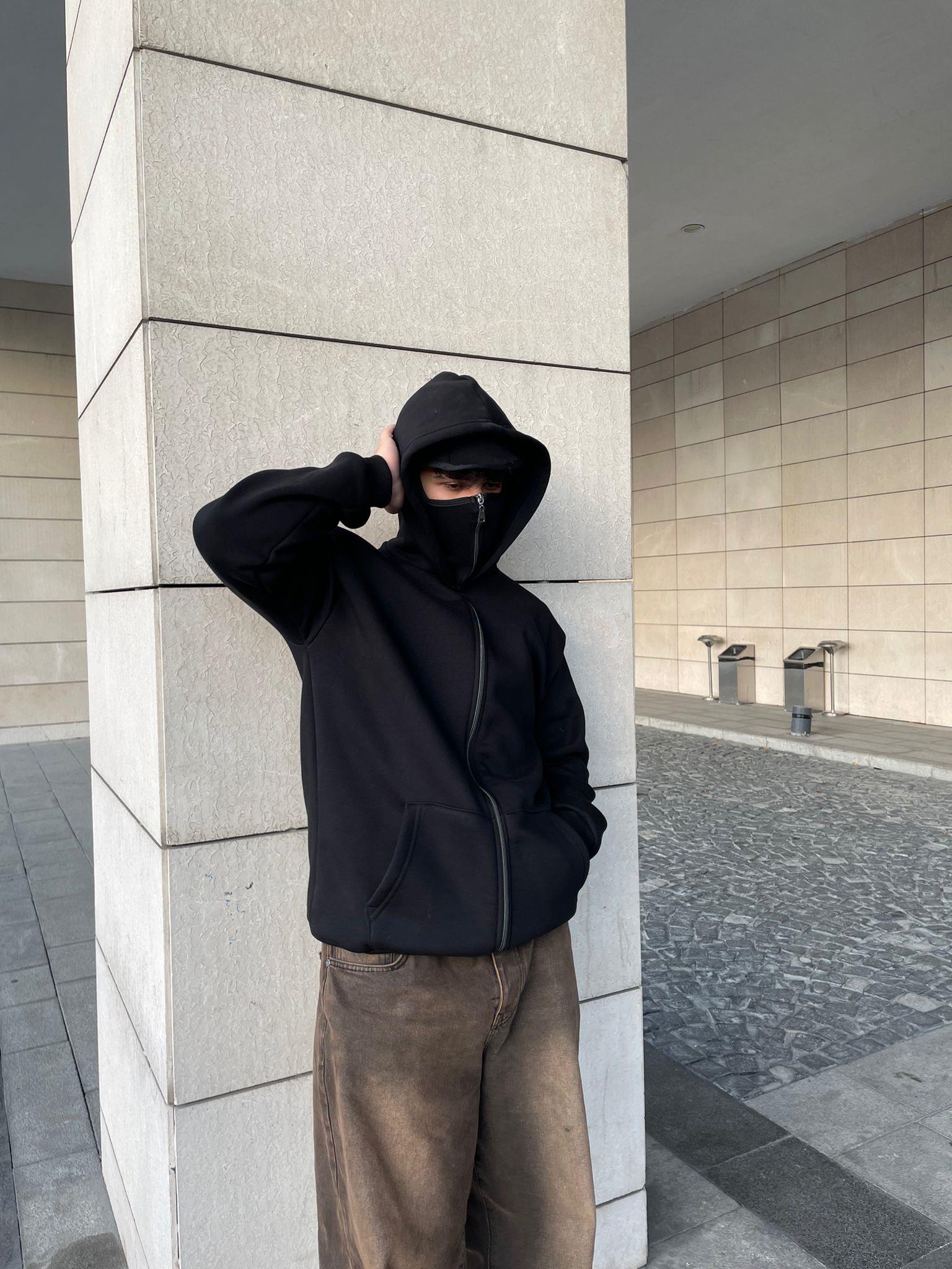 Siyah Unisex Kar Maskeli Düz Kapüşonlu Oversize Hırka 