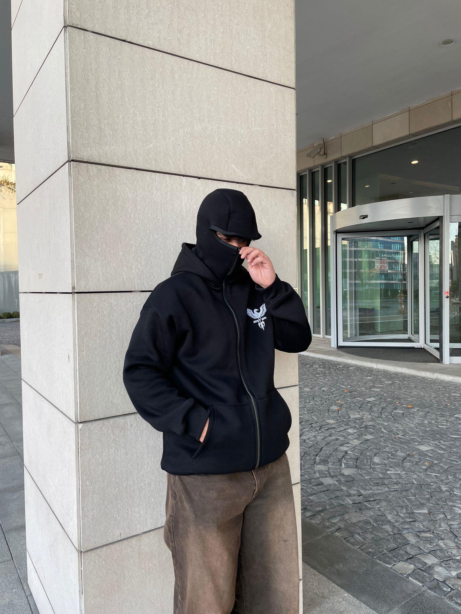 Siyah Unisex Kar Maskeli Kartal Hırka 